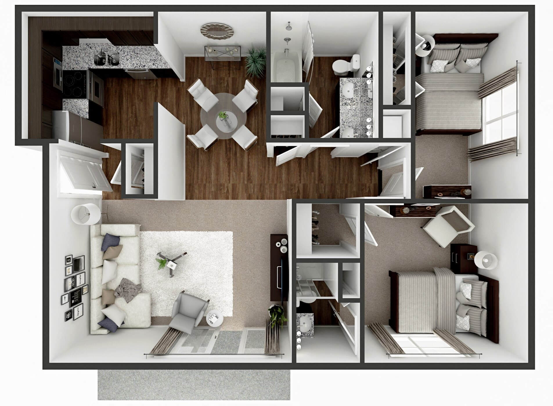 2 Bedroom 2 Bath  1070 sq ft floor plan